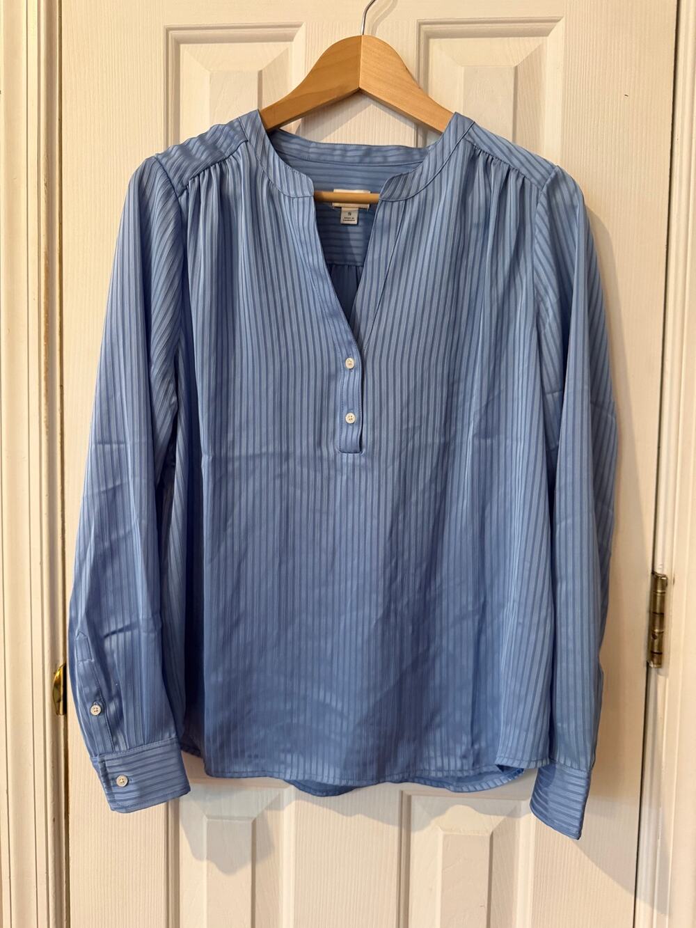 J.Crew Shadow-Striped Long-Sleeve Popover Placket Blouse Blue Size Small